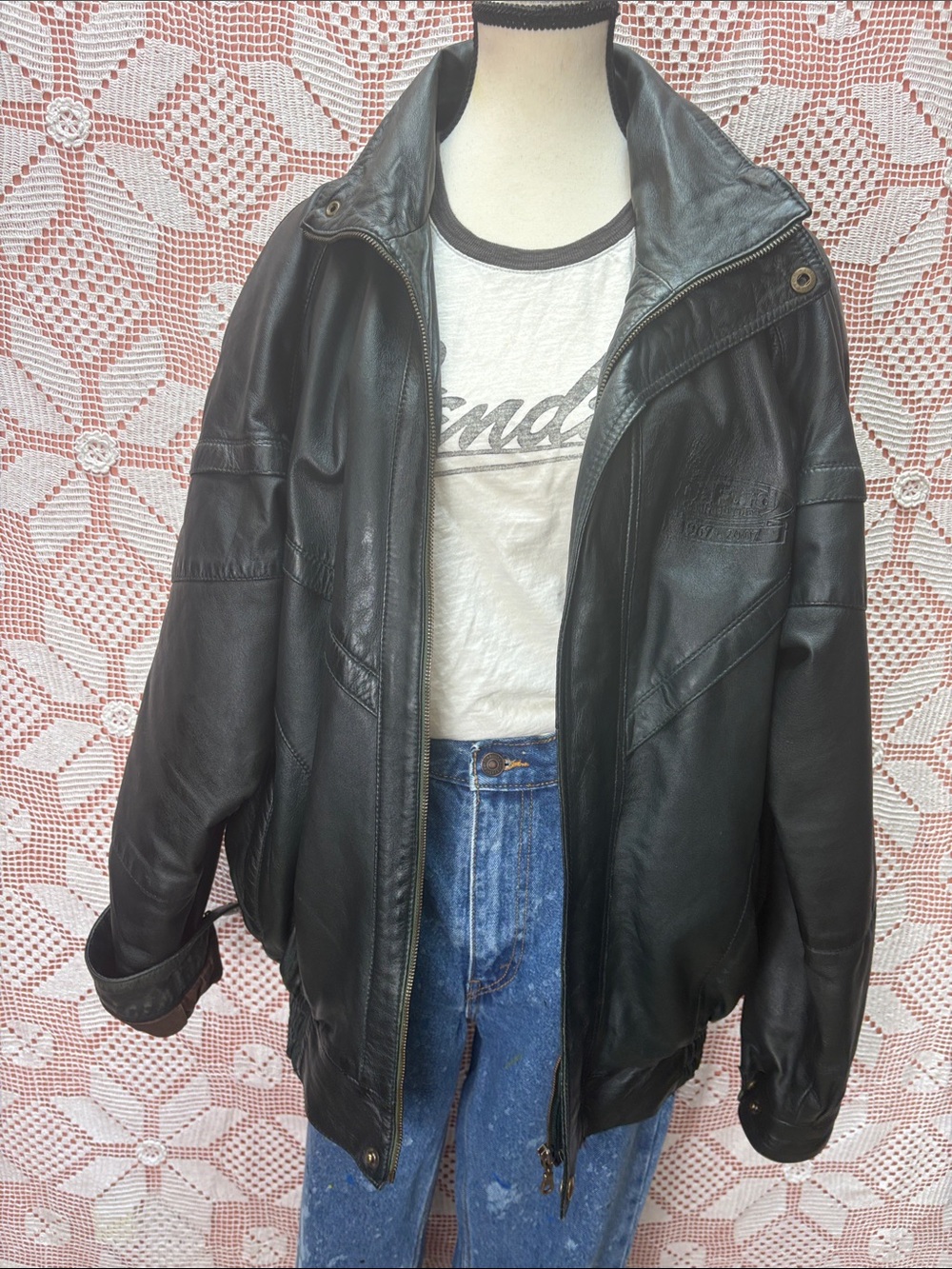 Y2K DeFord Emerald Green Genuine Leather Bomber Jacket